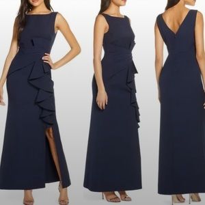 Eliza J Ruffle Front Gown In Navy